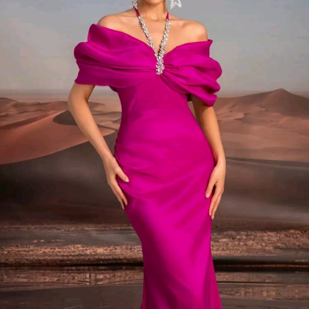 Elegant Purple Necklace Chain, Exaggerated Bow,Off-Shoulder,Bustier,High Waist - Picture 2 of 5